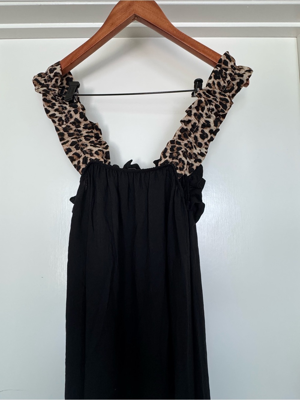 Black Dress with Leopard Print Ruffled Straps